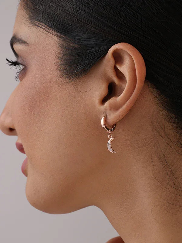 Lunara Rose Gold Crescent Drop Huggie Hoops