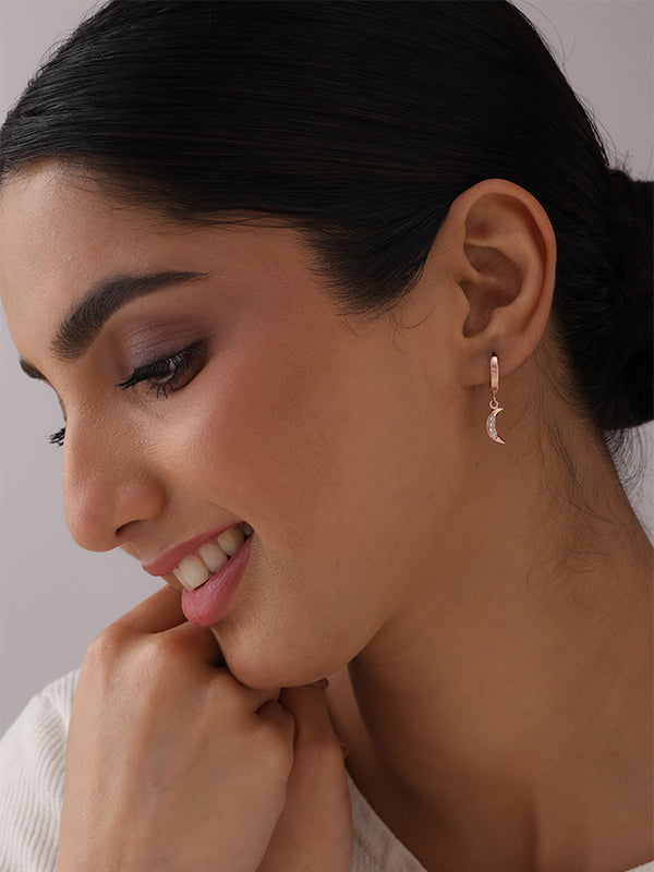 Lunara Rose Gold Crescent Drop Huggie Hoops