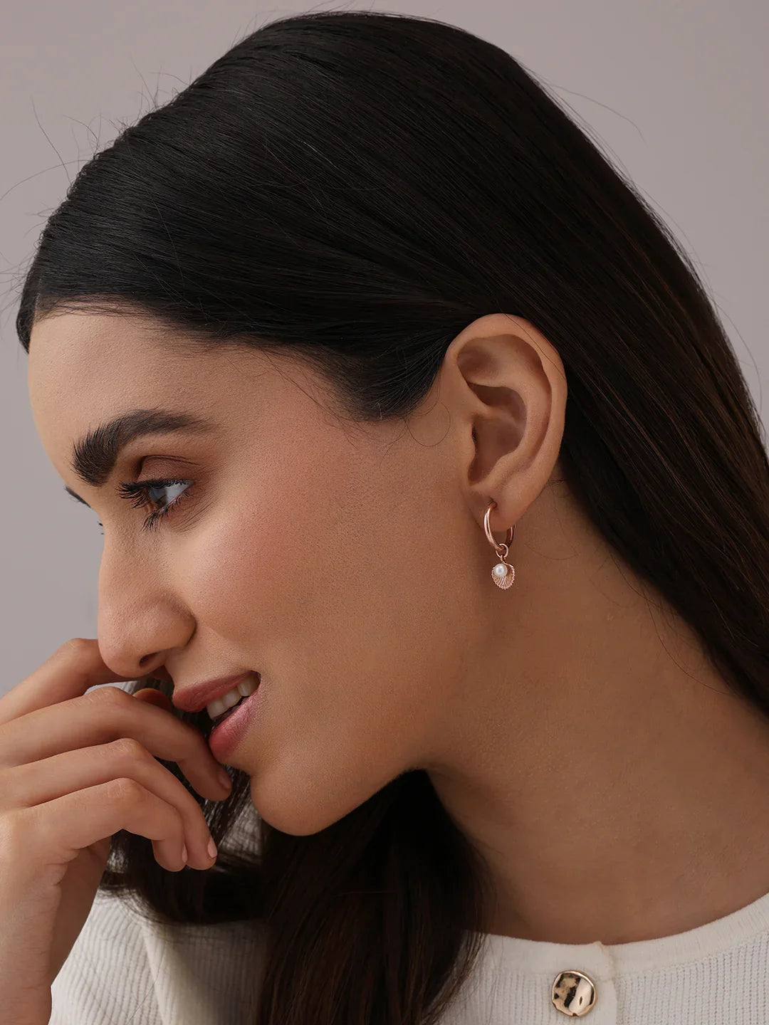 Maribella Rose Gold Pearl Charm Hoops