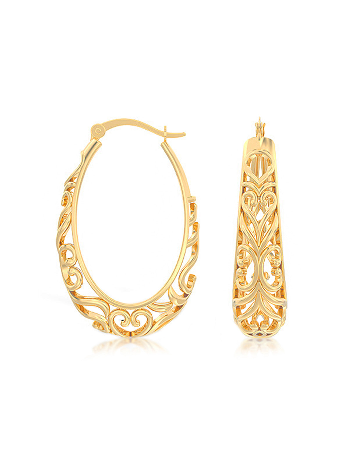 Oval Filigree Flash-Gold Plated Click-Top Hoop Earrings
