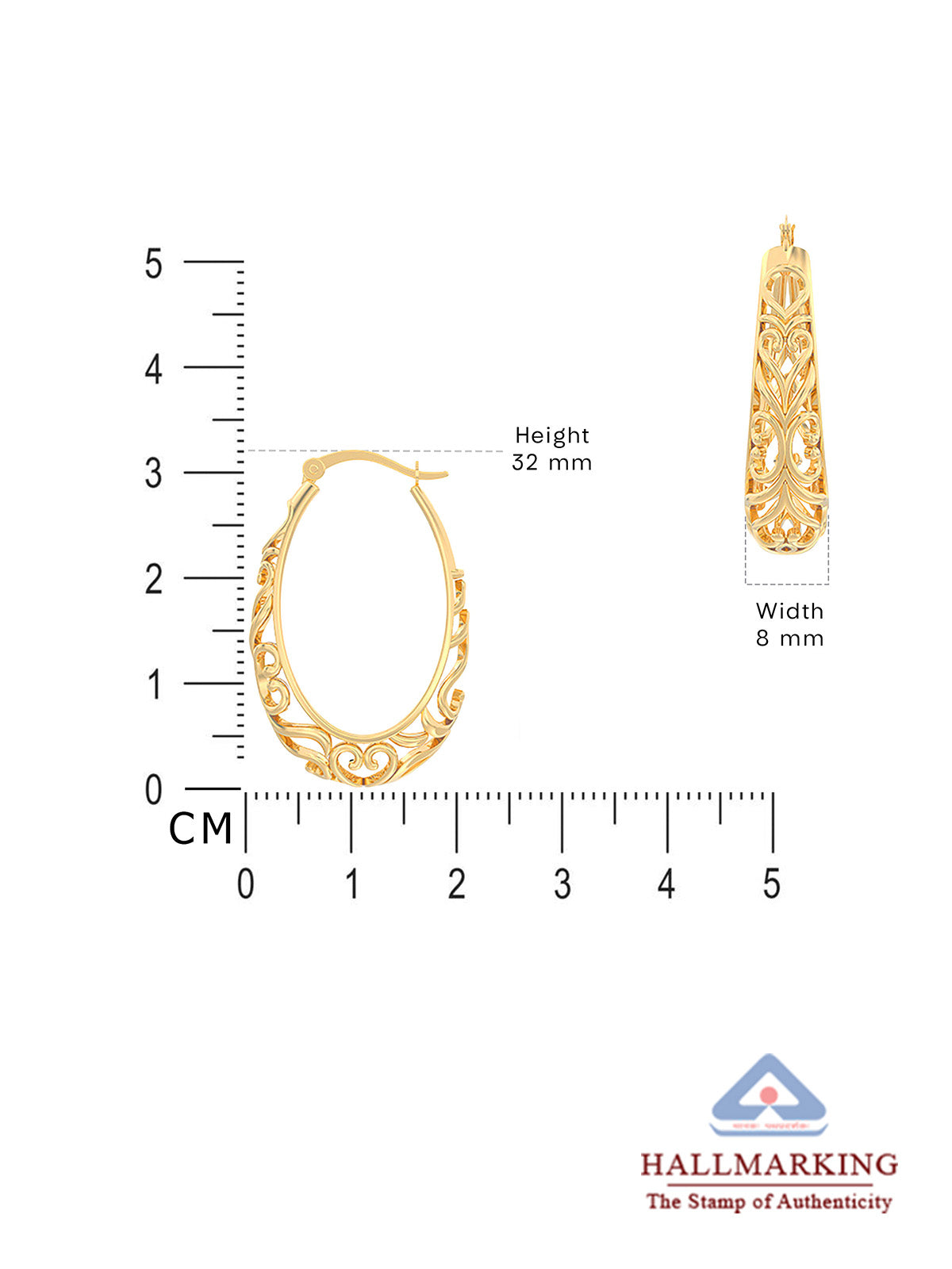 Gold hoop earring shown on a white background with measurement markings indicating height 32 mm and width 8 mm, plus a Hallmark authenticity logo at the bottom right.