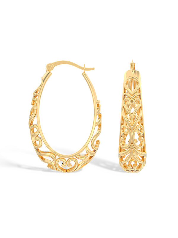 Oval Filigree Flash-Gold Plated Click-Top Hoop Earrings