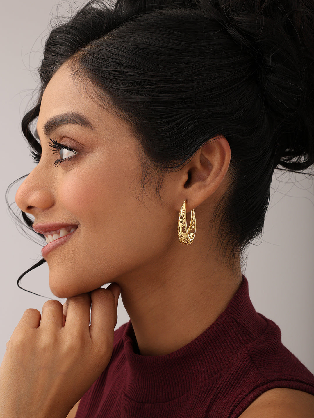 Oval Filigree Flash-Gold Plated Click-Top Hoop Earrings