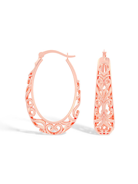 Oval Filigree Rose-Gold Plated Click-Top Hoops