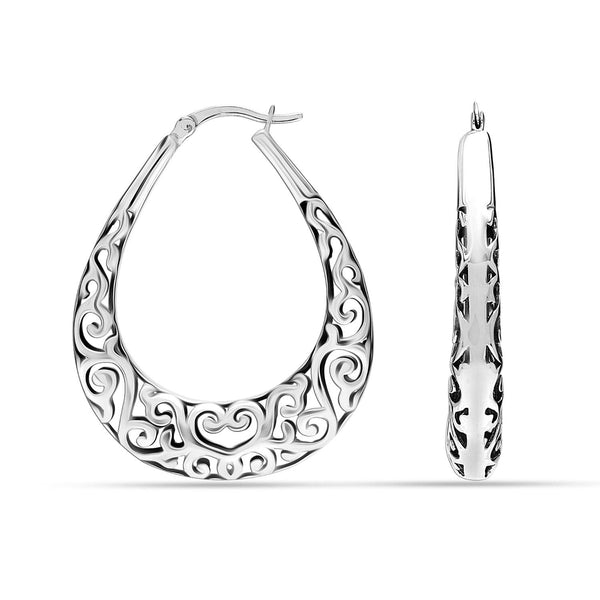 925 Sterling Silver Italian Antique Filigree Large Hoop Earrings for Women