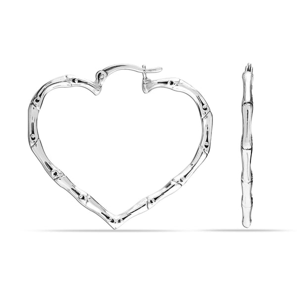 925 Sterling Silver Rhodium-Plated Heart Bamboo Hoop Earrings for Women Teen