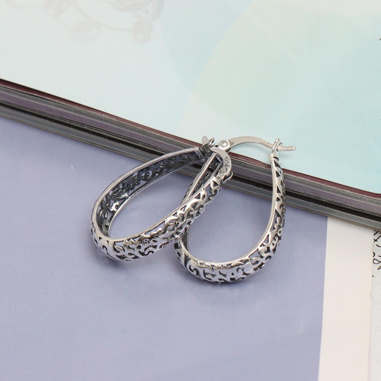 925 Sterling Silver Antique Oval Filigree Click-Top Hoop Earrings for Women