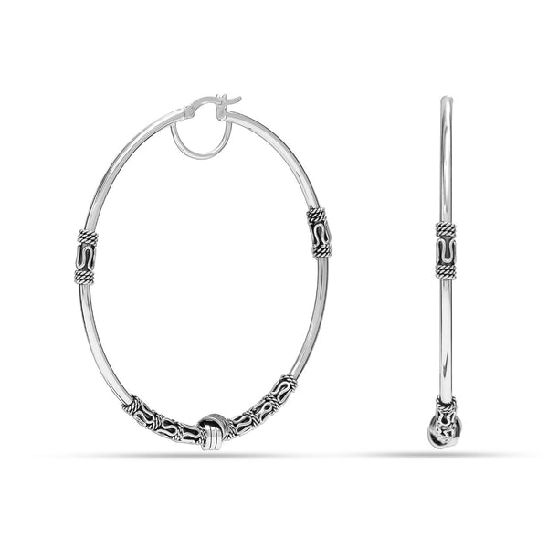925 Sterling Silver Jewellery LARGE Oxidized Balinese Round Click-Top Hoop Earrings for Women 60MM