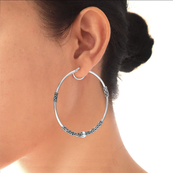 925 Sterling Silver Jewellery LARGE Antique Bead Balinese Round Click-Top Hoop Earrings for Women 60MM