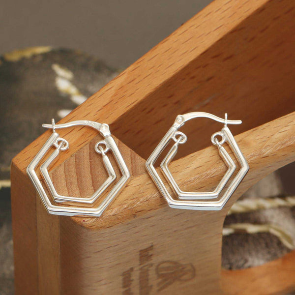 925 Sterling Silver 18K Gold-Plated Double Hexagon Click-Top Hoop Earring for Women Teen