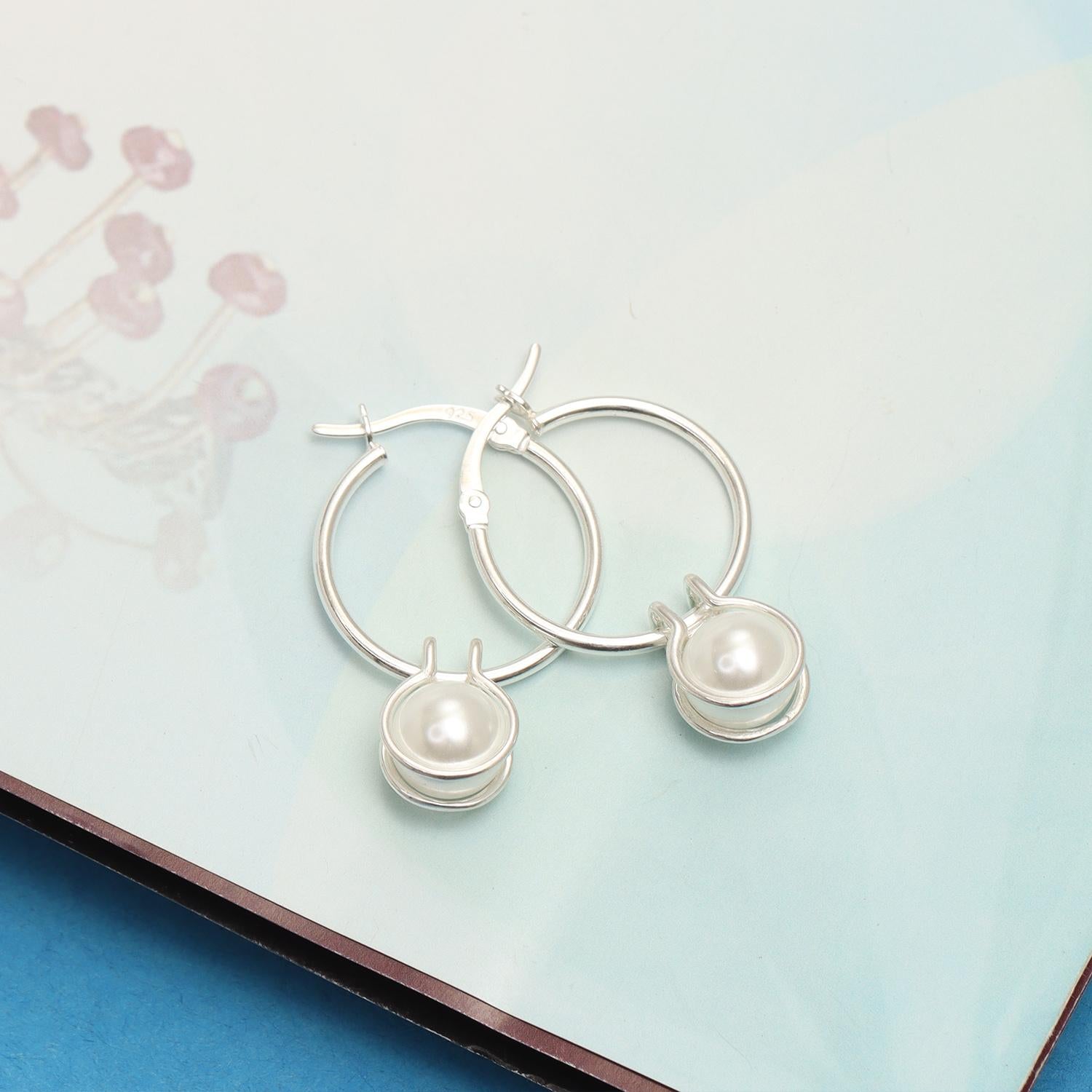 925 Sterling Silver Pearl Hoop Earrings for Women