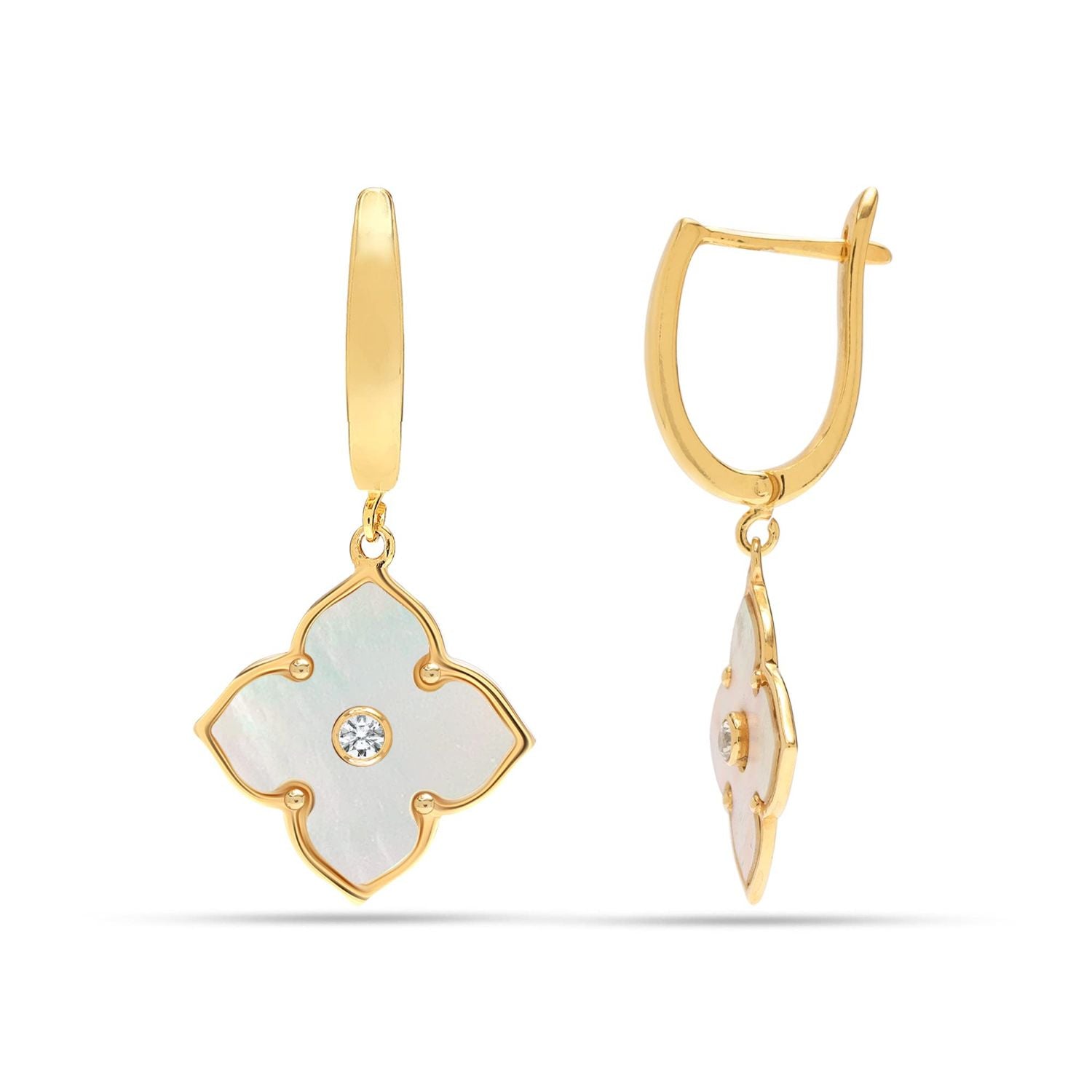 925 Sterling Silver 18K Gold-Plated Mother of Pearl with Onyx Flower Cubic Zirconia Drop Dangler Earrings for Women Teen