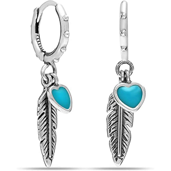 925 Sterling Silver Antique Hanging Turqoise Feather Drop Dangle Heart Hoop Earrings for Women Teen