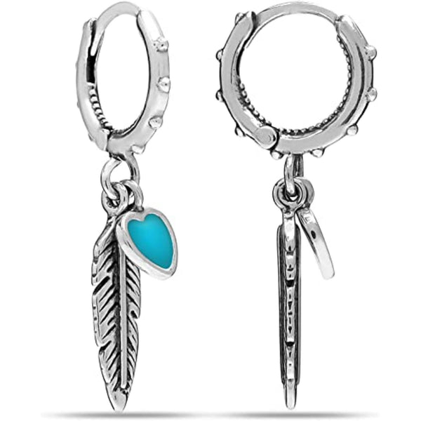 925 Sterling Silver Antique Hanging Turqoise Feather Drop Dangle Heart Hoop Earrings for Women Teen