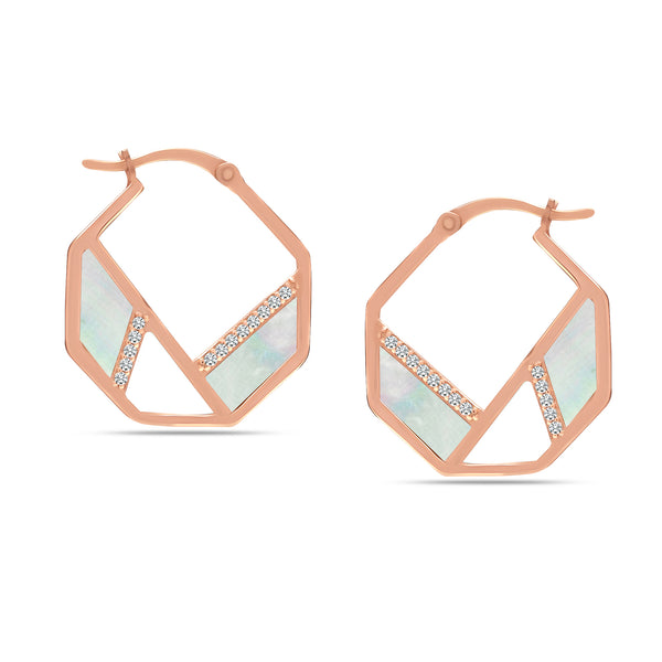 925 Sterling Silver CZ Rose Gold-Plated Mother of Pearl Hexagon Hoop Earrings for Women Teen