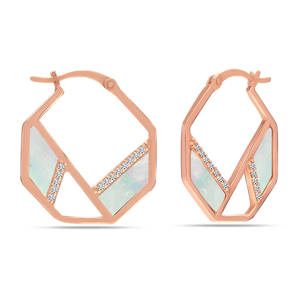 925 Sterling Silver CZ Rose Gold-Plated Mother of Pearl Hexagon Hoop Earrings for Women Teen