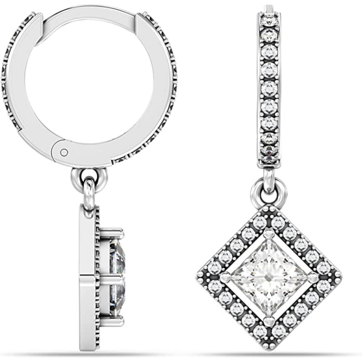 925 Sterling Silver Antique Zirconia Hanging Square Huggie Hoop Earrings for Women