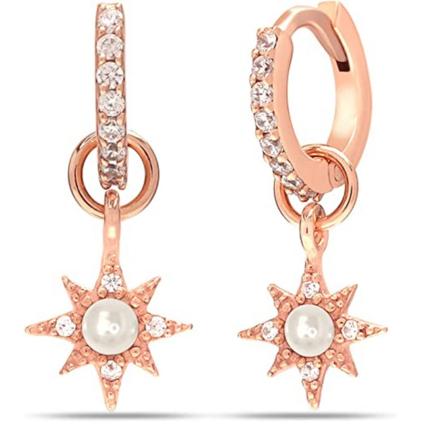 925 Sterling Silver Rose-Gold Plated Zirconia Hanging Star Charm Huggie Hoop Earrings for Women Teen