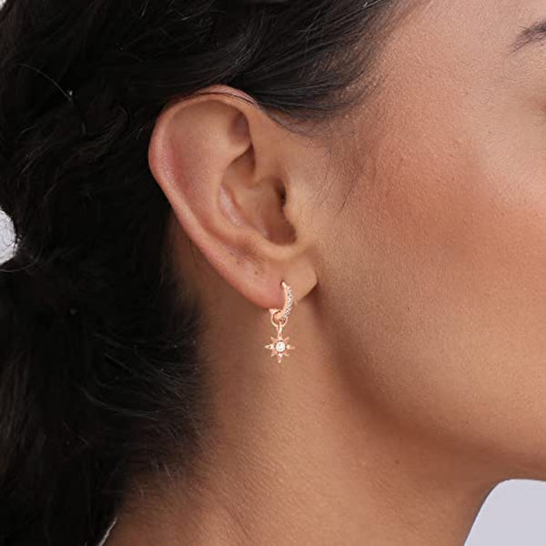 925 Sterling Silver Rose-Gold Plated Zirconia Hanging Star Charm Huggie Hoop Earrings for Women Teen
