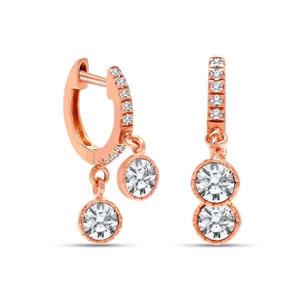 925 Sterling Silver 14K Rose-Gold Plated Sparkling CZ Small Dangling Charms Crystal Drop Huggie Hoop Earrings for Women
