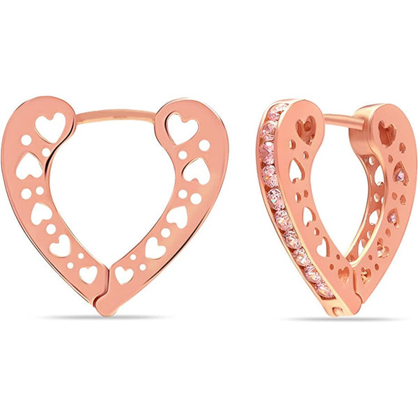 925 Sterling Silver Rose-Gold Plated Love Filigree Heart Huggie Chunky Hoop Earrings for Women