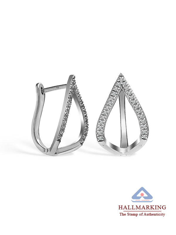 Rhodium Hoop Earrings with Structured Teardrop Shape
