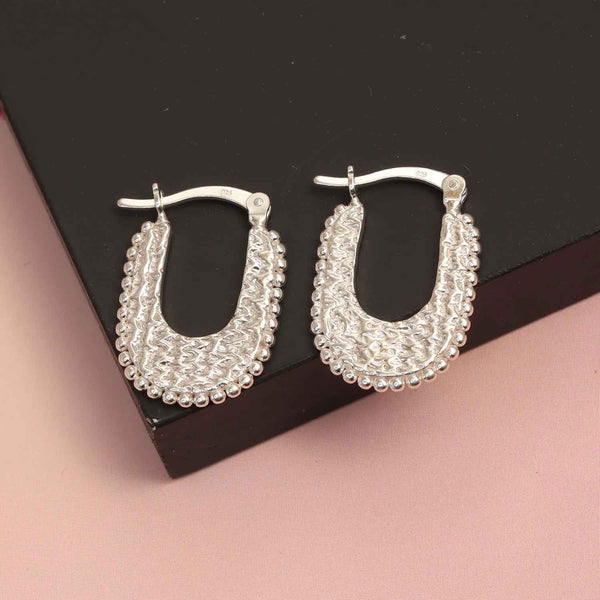 925 Sterling Silver U Shape Chunky Thick Beaded Texuted Small Click-Top Hoop Earrings for Women Teen