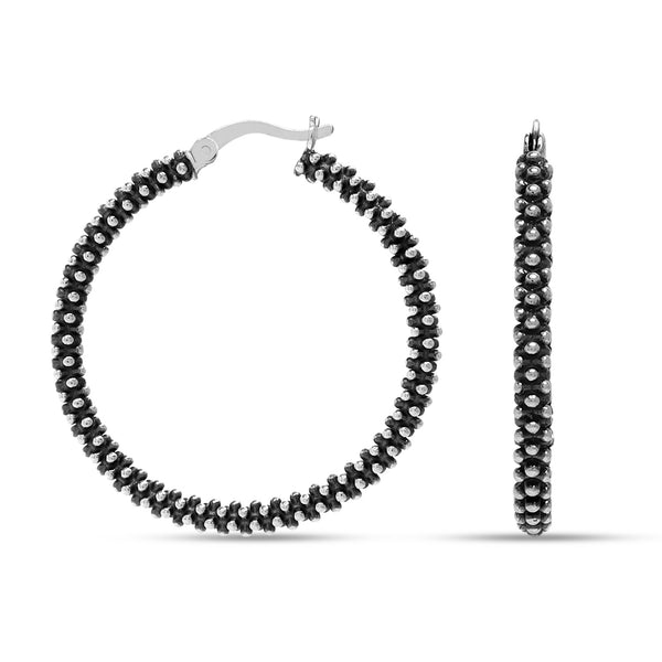 925 Sterling Silver Round Oxidized Metallic Ball Classy Stylish Textured Hoop Earrings for Women