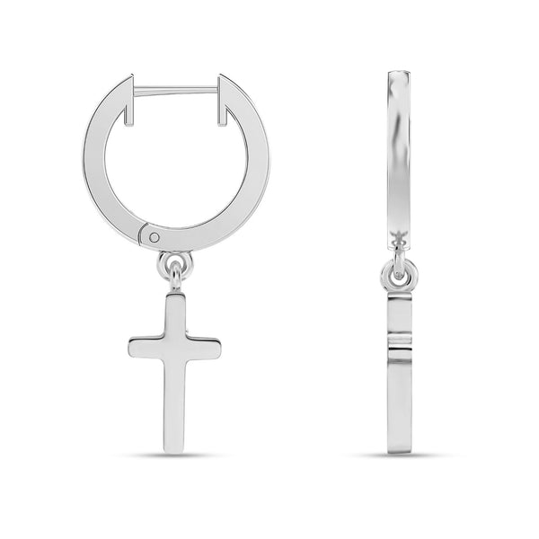 925 Sterling Silver Religious Dangling Charm Cross Shaped Classic Christian Huggie Hoop Earrings for Men and Women