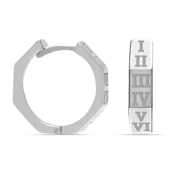 925 Sterling Silver Engraved Roman Number Geometric Retro styls Small Chunky Huggie Hoop Earrings for Men