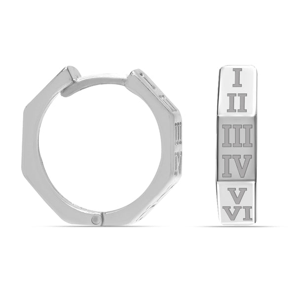 925 Sterling Silver Engraved Roman Number Unisex Geometric Retro styls Small Chunky Huggie Hoop Earrings for Men and Women
