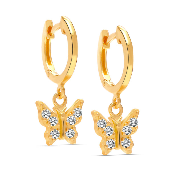 925 Sterling Silver Cubic Zirconia 14K Gold Plated Drop Dangle Butterfly Charm Huggie Hoop Earrings for Women and Girls