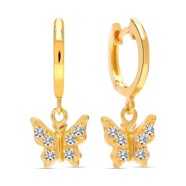 925 Sterling Silver Cubic Zirconia 14K Gold Plated Drop Dangle Butterfly Charm Huggie Hoop Earrings for Women and Girls