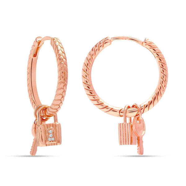 925 Sterling Silver 14K Rose-Gold Plated Pave Cubic Zirconia Lock and Key Charm Dangle Textured Padlock Endless Hoop Earrings for Women Teen