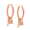 925 Sterling Silver 14K Rose-Gold Plated Pave Cubic Zirconia Lock and Key Charm Dangle Textured Padlock Endless Hoop Earrings for Women Teen