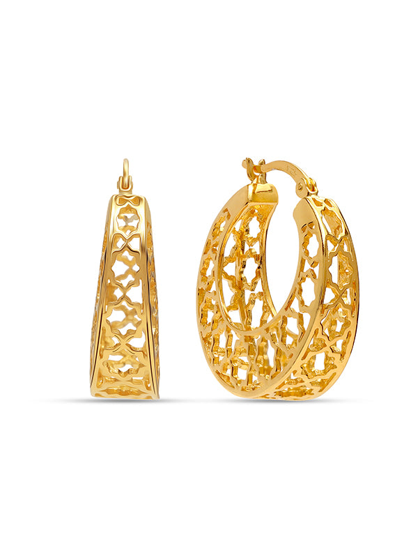 Mesh Filigree Basket-Weave Gold Plated Hoop Earrings