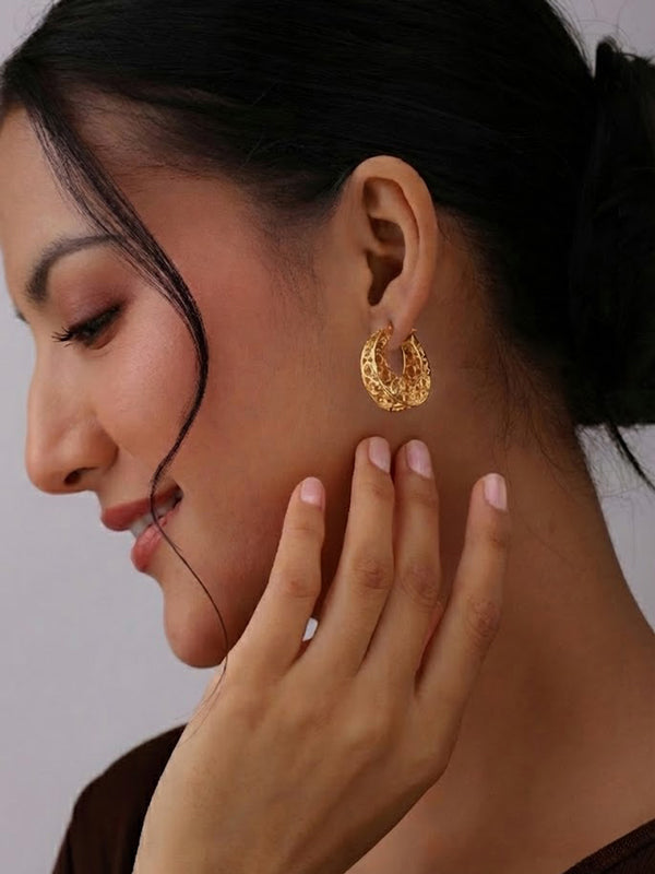 Mesh Filigree Basket-Weave Gold Plated Hoop Earrings
