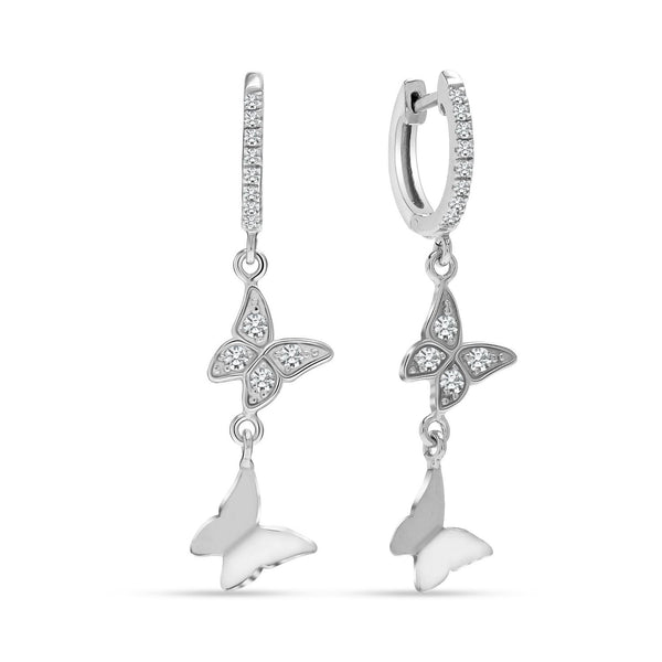 925 Sterling Silver Rhodium-Plated Cubic Zirconia Lightweight Double Butterfly Dangle Drop Huggie Hoop Earrings for Women