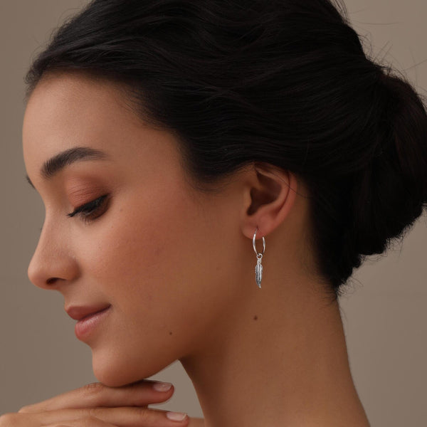 925 Sterling Silver Hinged Huggie Hoop Feather Drop Dangle Earrings for Women