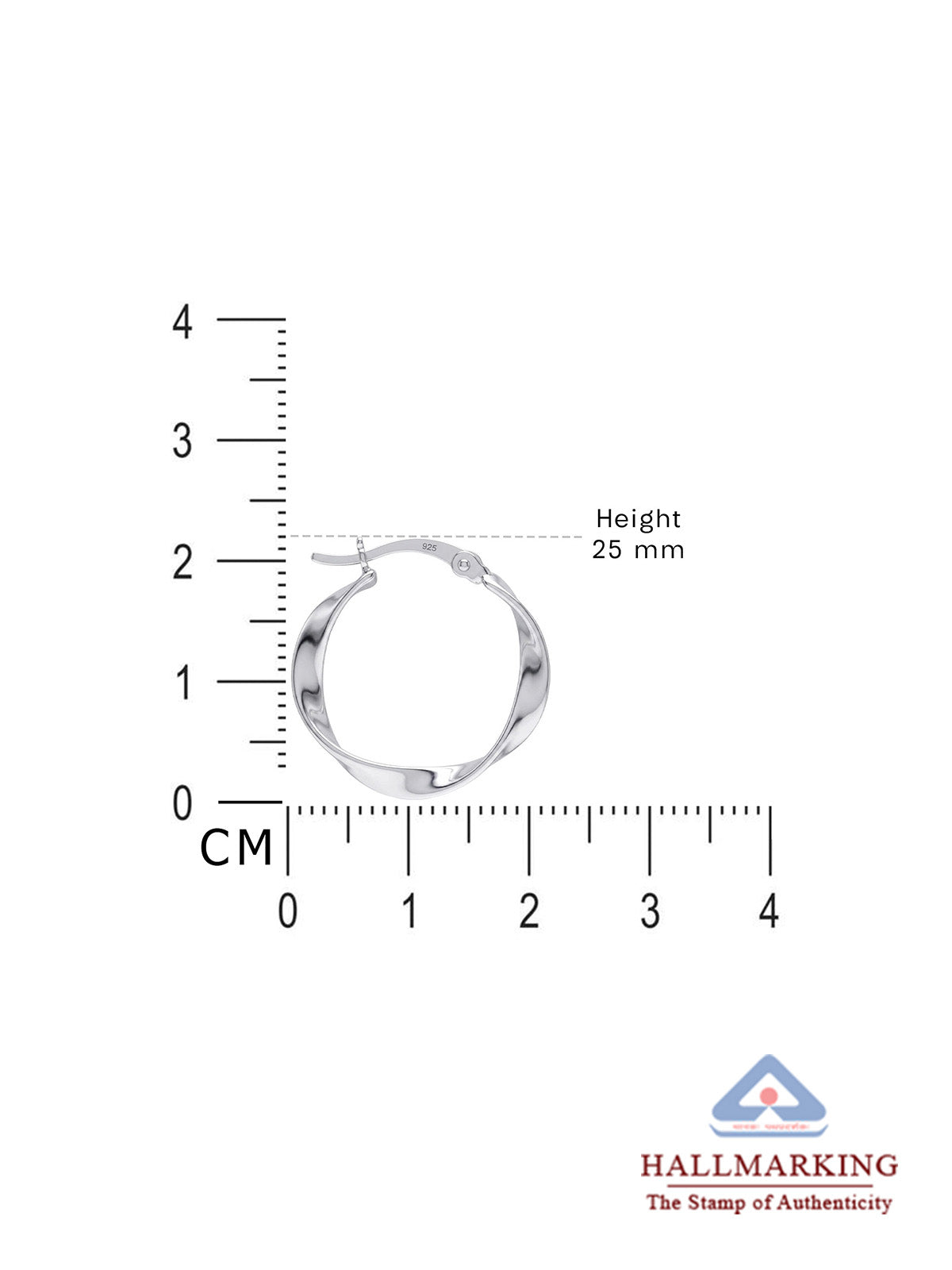 A silver hoop earring shown on a white background with a centimeter height ruler and a small Hallmark authenticity logo at the bottom right.