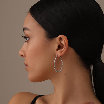 925 Sterling Silver Oval Textured Click-Top Hoops Earrings for Women