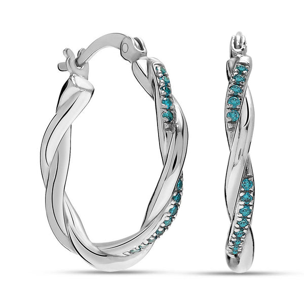 925 Sterling Silver Blue Zirconia Twisted Micro Pave Light Hoops for Women Teen