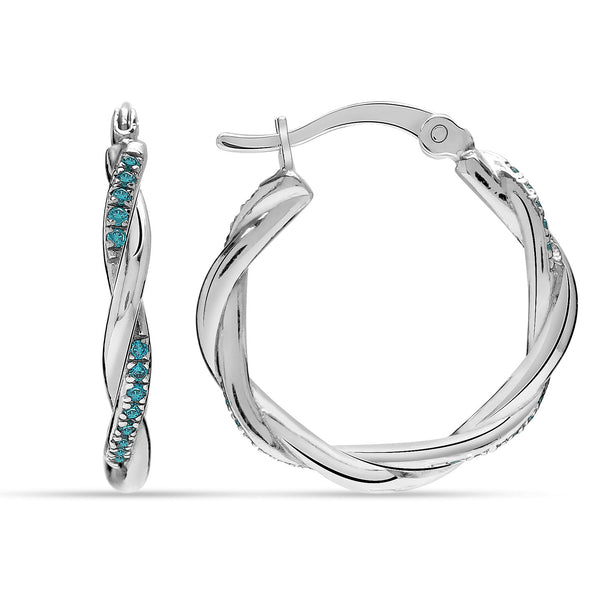 925 Sterling Silver Blue Zirconia Twisted Micro Pave Light Hoops for Women Teen