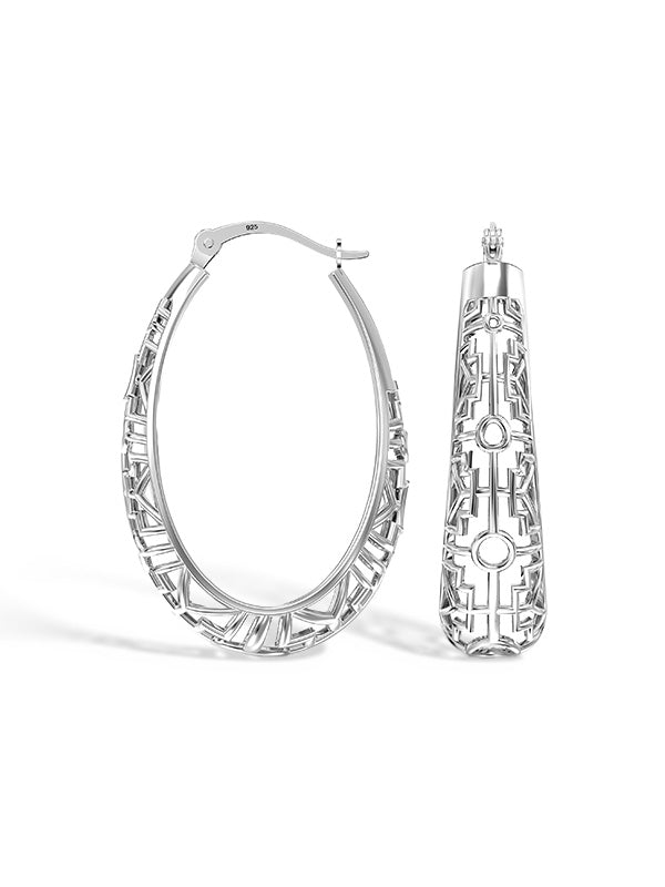 925 Sterling Silver Filigree Mesh Oval Shape Click-Top Hoop Earrings for Women