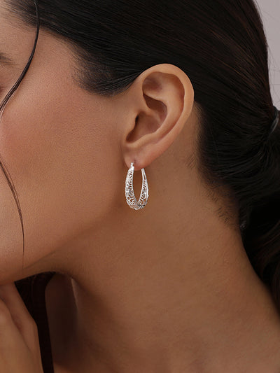 925 Sterling Silver Filigree Mesh Oval Shape Click-Top Hoop Earrings for Women