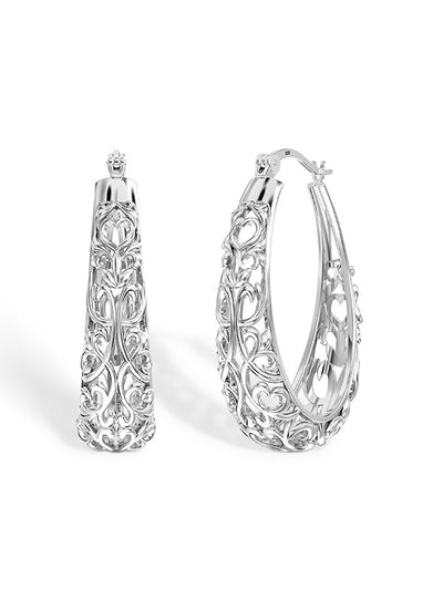 925 Sterling Silver Mesh Filigree Oval Click-Top Hoop Earrings for Women