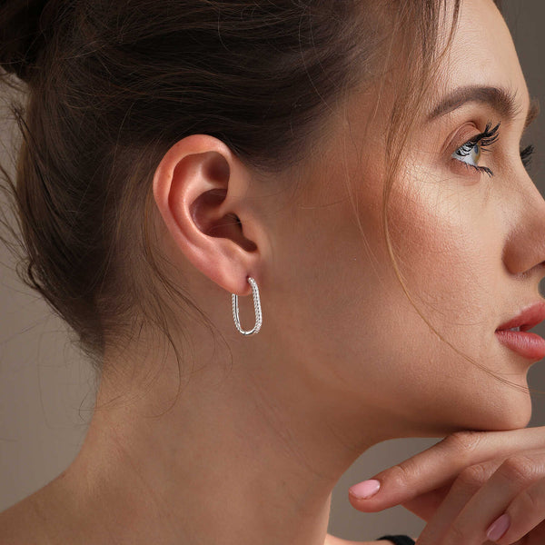 925 Sterling Silver Serpentine Stripe Textured Oval U-Shaped Hoop Earrings for Women
