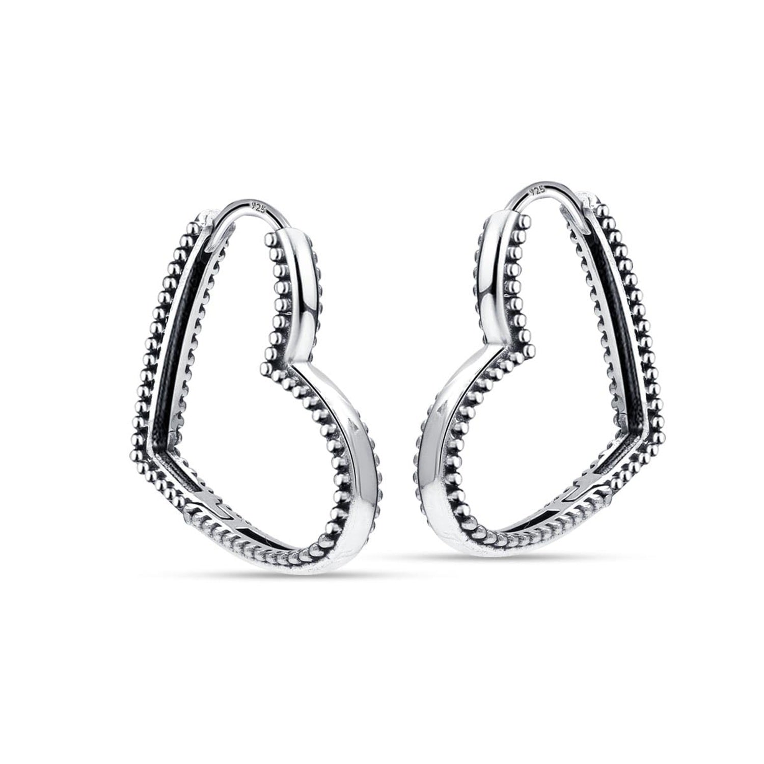 925 Steling Silver Antique Beaded Love Heart Shaped Huggie Hoop Earrings for Women