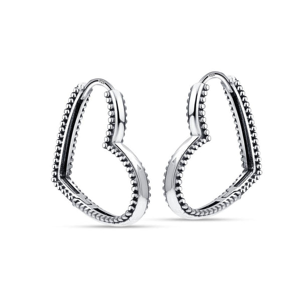 925 Steling Silver Antique Beaded Love Heart Shaped Huggie Hoop Earrings for Women