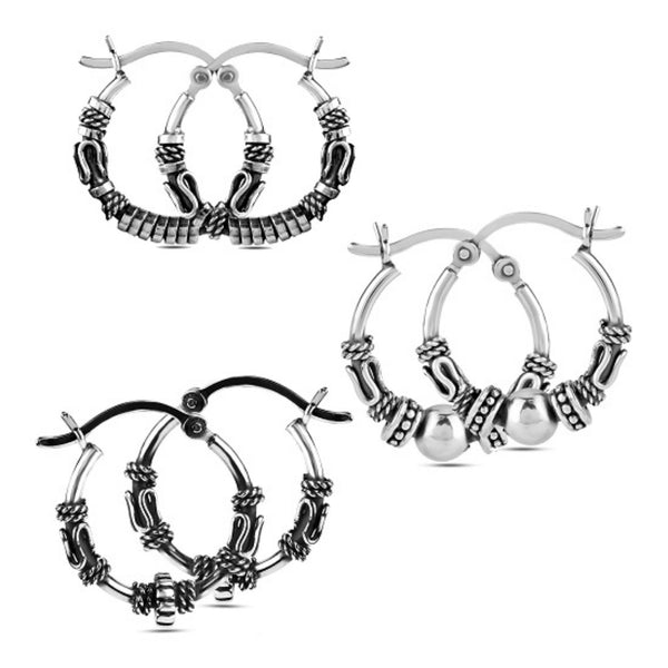 925 Sterling Silver 3 Pairs Bali Hoop Earrings for Girl Teen Women